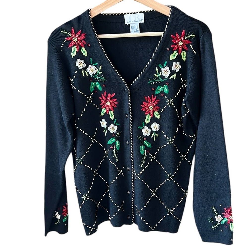 Vintage CB Collections Sz M Black Embellished Christmas Sweater Cardigan